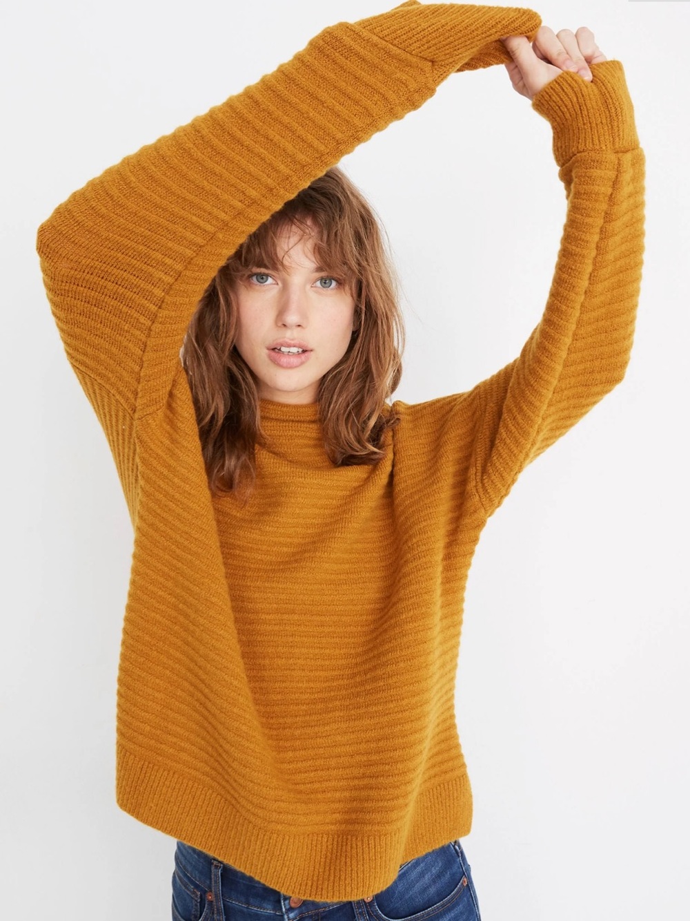 Madewell Ribbed Cowl Neck Sweater in Mustard